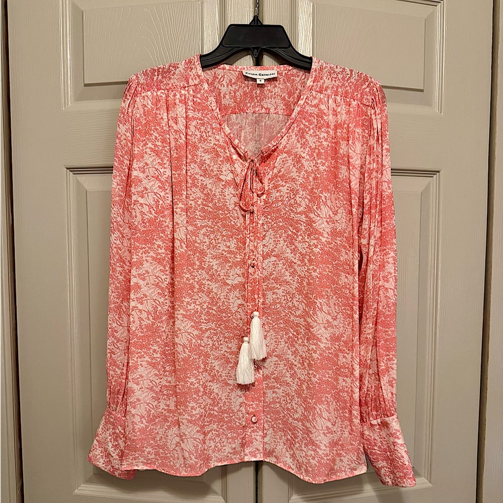 Karina Grimaldi Pink Leaf Print Long Sleeve Blouse with White Tassles